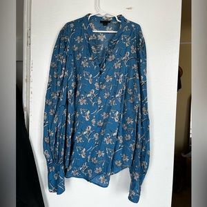 Ann Taylor Floral Aqua Satin Blouse with button collar and wrist cuffs. Size S.